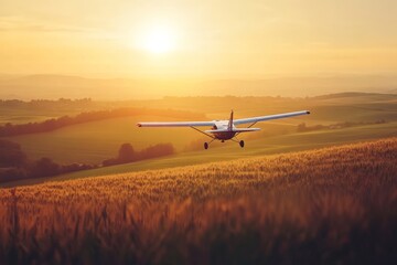 Naklejka premium A small plane is flying over an expansive green farm field at sunrise