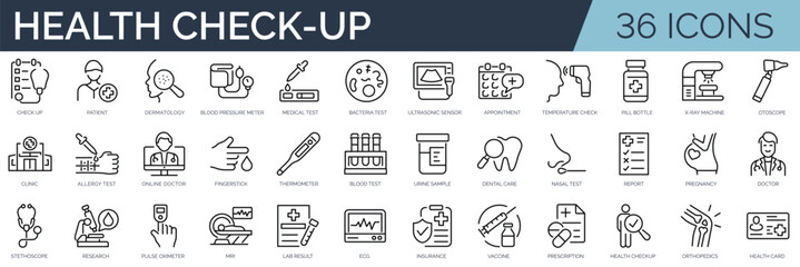 Set of 36 outline icons related to health checkup. Linear icon collection. Editable stroke. Vector illustration
