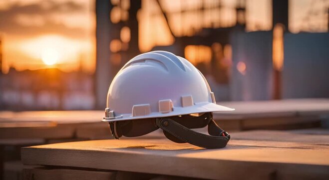 white safety helmet on a blurred construction site at sunset