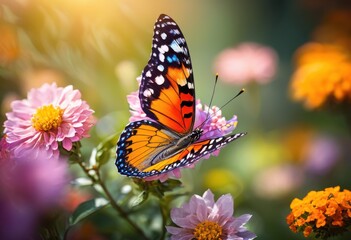 Obraz premium vibrant butterfly wings displaying stunning patterns colorful flower blossoms full bloom, nature, insect, petal, flora, fauna, beauty, detail, closeup