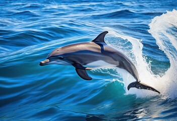 vibrant dolphin leaping through lively ocean waves bright sunny scene, sea, blue, water, jump, sky, marine, animal, nature, coastal, fresh, colorful