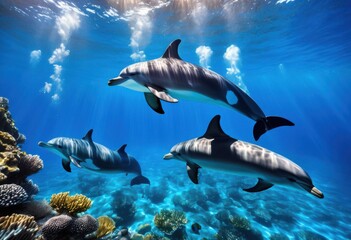 Obraz premium dynamic captivating underwater shots dolphins vibrant blue seas showcasing natural beauty playful movement, ocean, marine, wildlife, swimming, aquatic, nature