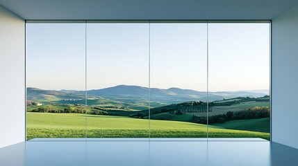Naklejka premium Clear glass windows with a view of rolling hills, clear glass windows, serene countryside setting