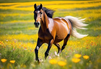 Obraz premium breathtaking horse galloping through vibrant flower meadows under clear blue sky, animal, nature, landscape, grass, beauty, spring, color, freedom, motion