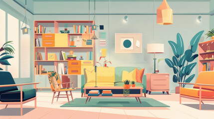 Charming living room with modern furniture and pastel decor, featuring a cozy and inviting atmosphere.