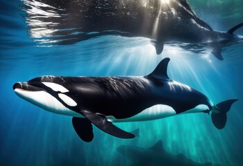 Obraz premium captivating underwater footage showcasing majestic orca pods swimming gracefully crystal clear waters, ocean, marine, wildlife, aquatic, video, sea