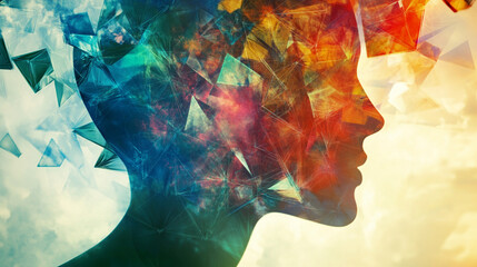 Abstract concept of human heads silhouettes on a bright multi-colored background.