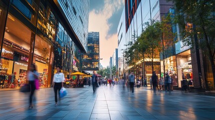 bustling commercial district with modern office buildings, retail stores, and busy sidewalks filled with pedestrians and street vendors, highlighting the dynamic urban environment