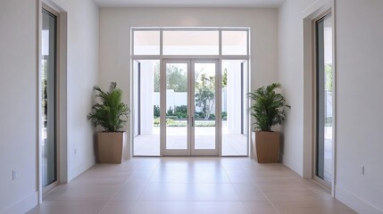 Obraz premium Clear glass windows in a modern entryway, clear glass windows, welcoming guests with light and openness
