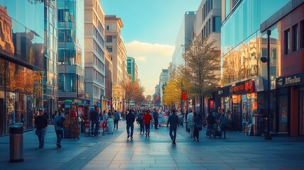 bustling commercial district with modern office buildings, retail stores, and busy sidewalks filled with pedestrians and street vendors, highlighting the dynamic urban environment