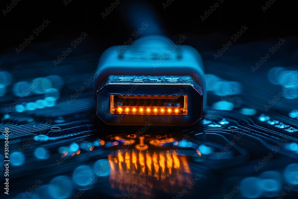 Poster close-up of a usb connector illuminated on a circuit board
