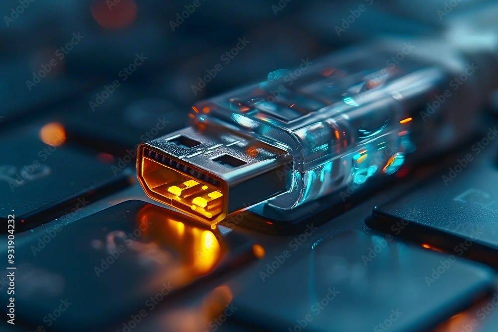 Poster close-up of a usb connector plugged into a keyboard with glowing lights
