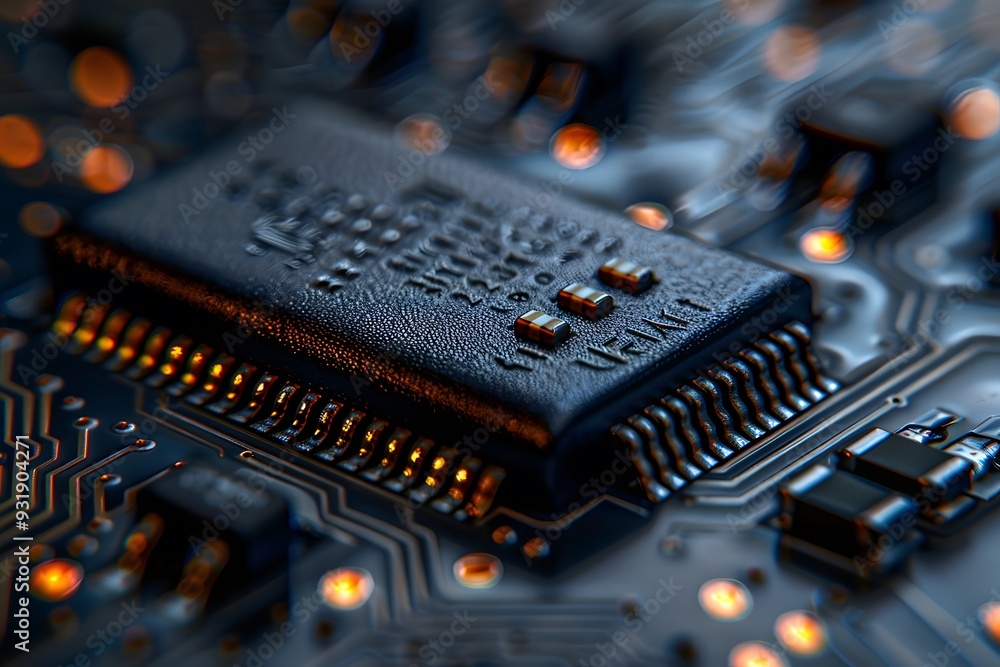 Aufkleber close-up of a microchip on a circuit board with glowing connections