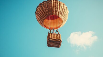 A wicker hot air balloon ascends against a blue sky