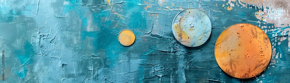 Poster abstract blue and orange textured background with three circular shapes.