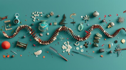 A strand of DNA formed by objects and tools from Asian culture