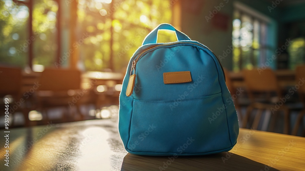 Wall mural close-up of a bright blue backpack on a school table with morning sunlight. concept: back-to-school.