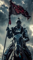 Fototapeta premium An armored warrior rides a horse, holding a flag, with dark clouds looming overhead
