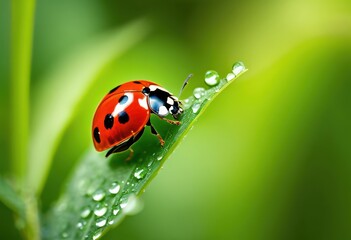 Obraz premium vibrant ladybug resting bright green foliage surrounded fresh leaves natural elements, insect, beetle, garden, colorful, macro, flora, botanical, wildlife