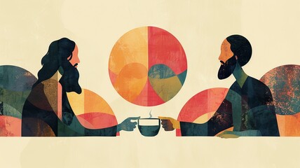 A clean design showcasing the faces of Jesus and his disciples in profile, utilizing minimal lines and colors to convey deep emotion and connection during the meal. The simplicity highlights 