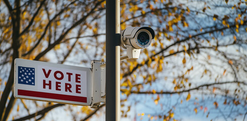 Voting and voter security, surveillance - a Vote Here Polling station sign accompanied with a monitoring camera device - a metaphor for election fraud concerns