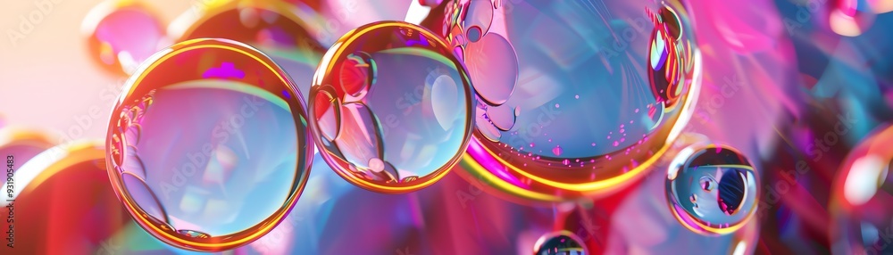 Poster abstract colorful bubbles with iridescent colors and blur effect.