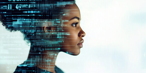 A profile  of a black female with a technology and artificial intelligence themed code overlay - an image representing technology and humans interacting