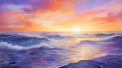 Fototapeta premium Serene Sunset Over Tranquil Ocean Waves Reflecting the Warmth of the Setting Sun