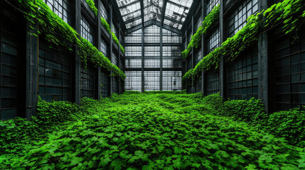 A lush, green indoor space filled with vibrant plants, showcasing nature's reclaiming beauty in an abandoned structure.