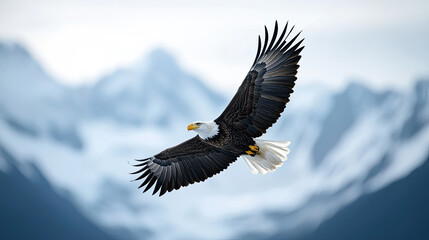 Obraz premium A majestic eagle soaring gracefully above snow-capped mountains, symbolizing freedom and strength in nature.