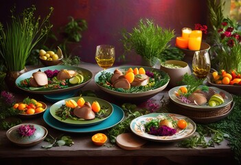 vibrant duck dishes displayed colorful table setting lively tableware fresh ingredients, appetizer, banquet, bowls, bright, buffet, cuisine, culinary