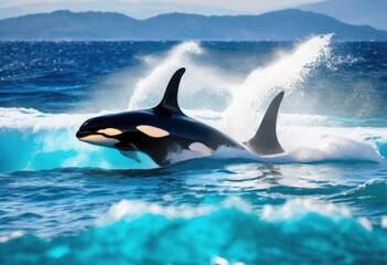 Naklejka premium strong orca fins cutting through vibrant ocean waves dynamic marine scene, water, sea, blue, creature, animal, environment, oceanic, deep, underwater