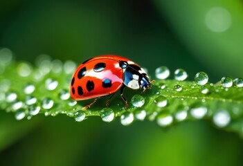 Obraz premium vivid close ladybug lush green leaves showcasing colorful details, beetle, insect, macro, bright, garden, nature, wildlife, outdoor, small, critter