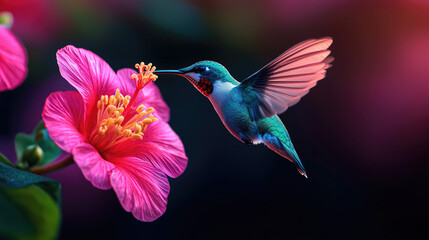 Fototapeta premium A vibrant hummingbird feeding on a bright pink flower, showcasing nature's beauty and colorful wildlife in a serene setting.