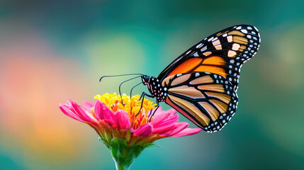 Fototapeta premium A vibrant butterfly perched on a colorful flower, showcasing the beauty of nature in a serene environment.
