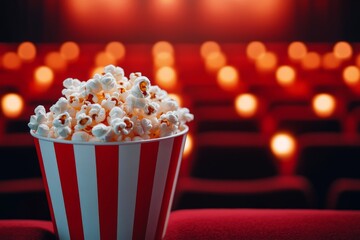 A striped red and white popcorn bucket sits on the seat of an empty cinema, with a blurred background of rows of velvet chairs and soft focus lights in the background
