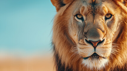 Fototapeta premium Close-up portrait of a majestic lion with striking eyes and a flowing mane against a vibrant blue background.