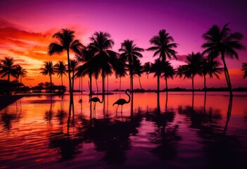 Obraz premium vibrant flamingo silhouettes tropical sunset backdrop fiery purples casting beautiful shadows, orange, pink, sky, reflection, water, beach, palm, tree