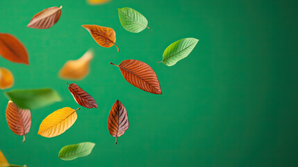 Obraz premium Vibrant autumn leaves gently falling against a solid green background, capturing the essence of the fall season.