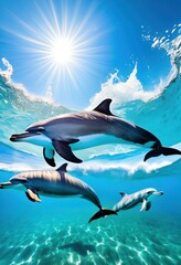 joyful dolphins leaping through vibrant ocean waves bright blue sea under clear sky, splash, jump, water, marine, horizon, sunlight, tropical, surf, nature