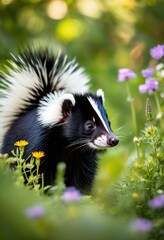 captivating close skunk its natural habitat surrounded lush greenery wildflowers, wildlife, animal, fur, plants, outdoor, portrait, mammal, environment