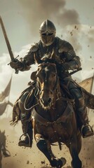 A warrior in ornate armor rides a gallant horse, wielding a sword as dust swirls around them in battle