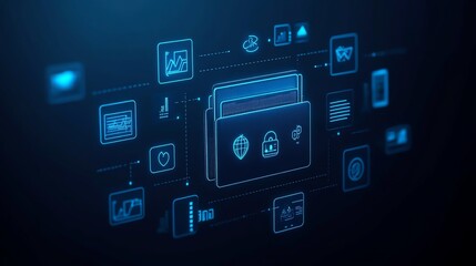 Digital interface showcasing various technology icons, illustrating data management, security, and analytics in a modern design.