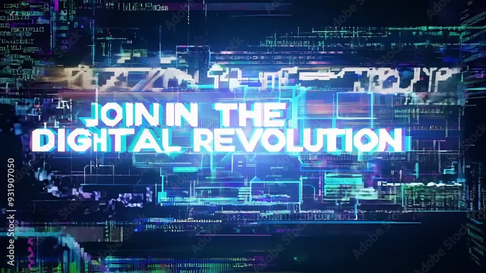 Poster animation showcases the phrase join in the digital revolution emerging on a screen, enhanced by a ca