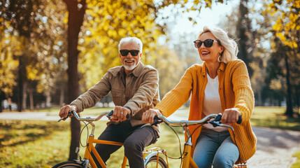 Happy mature couple riding bicycles in park. Cheerful active senior couple riding bikes together and having fun. active aging lifestyle, senior life. Mature man and woman actively resting outdoors