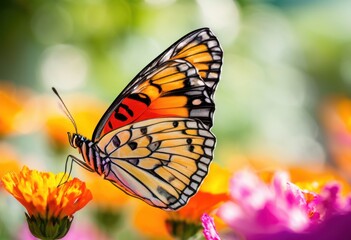 Fototapeta premium vibrant macro shot colorful butterfly resting bright flower petals detailed textures patterns, nature, insects, fauna, flora, orange, blue, wings, sunlight