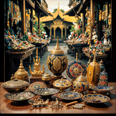 Fototapeta premium Tables with plates and vases were placed on them, and one of them had an old one and a Tana temple made in Thai-Lao style with gold patterns.