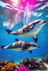 Fototapeta premium vibrant underwater scene featuring playful dolphins dynamic motion amidst colorful marine life lush coral reefs, aquatic, sea, creatures, ocean, swimming