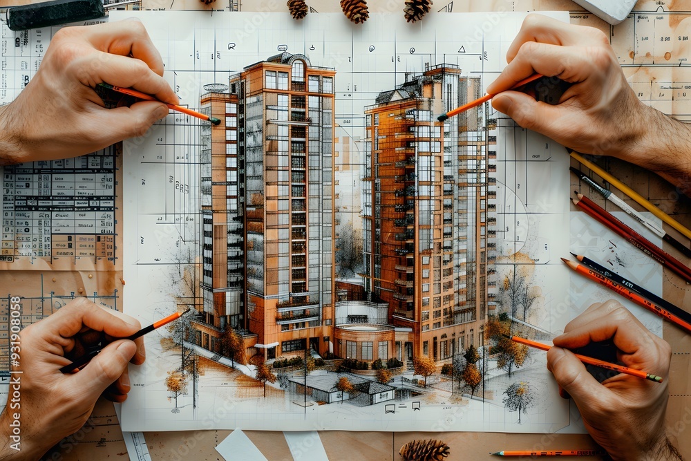 Poster architectural design in progress: a detailed rendering of twin towers