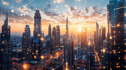 Fototapeta premium A person standing in front of a city skyline with construction cranes